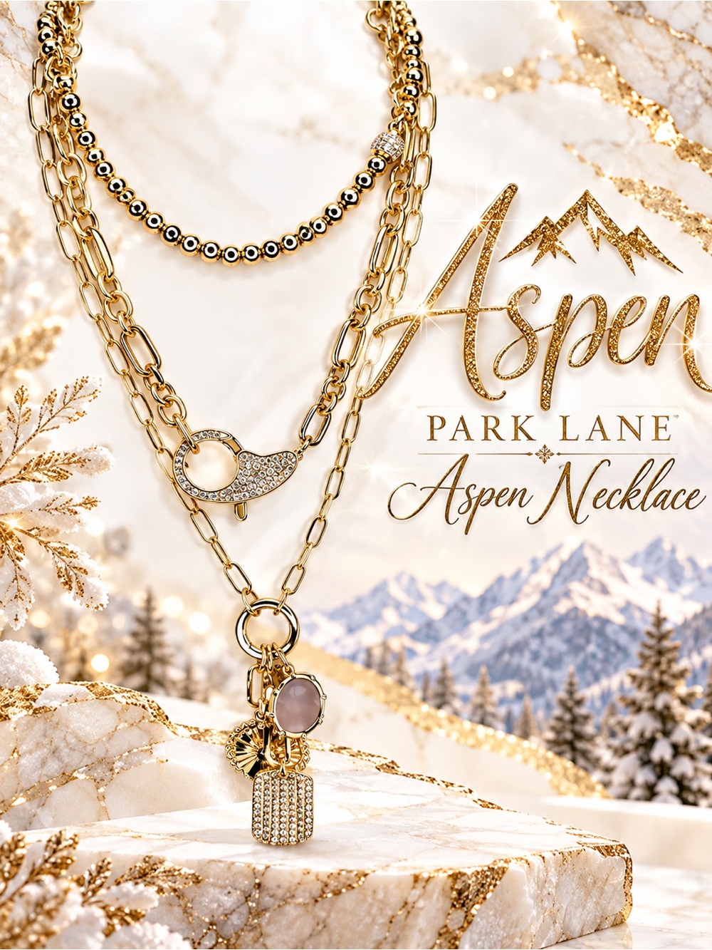 Park Lane Women’s Aspen Necklace Gold Layered Chain Crystal Charm Statement